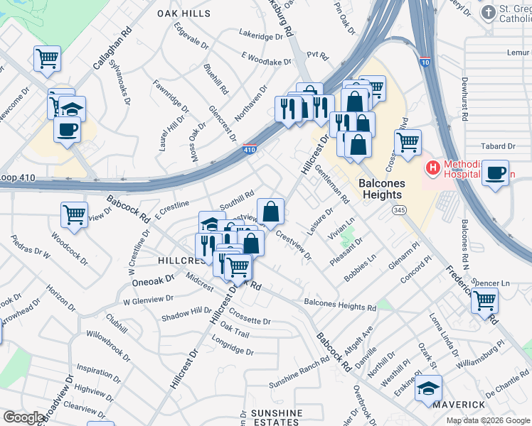 map of restaurants, bars, coffee shops, grocery stores, and more near 318 East Glenview Drive in San Antonio