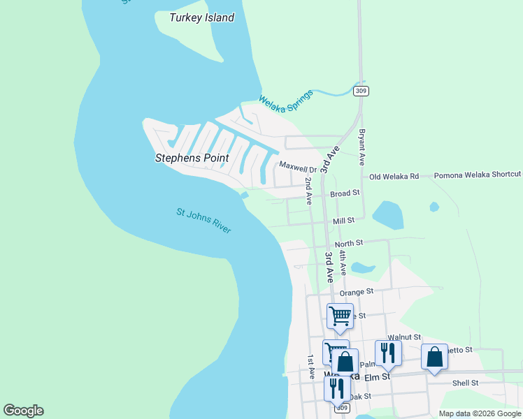 map of restaurants, bars, coffee shops, grocery stores, and more near 99-STE Broad Street in Welaka