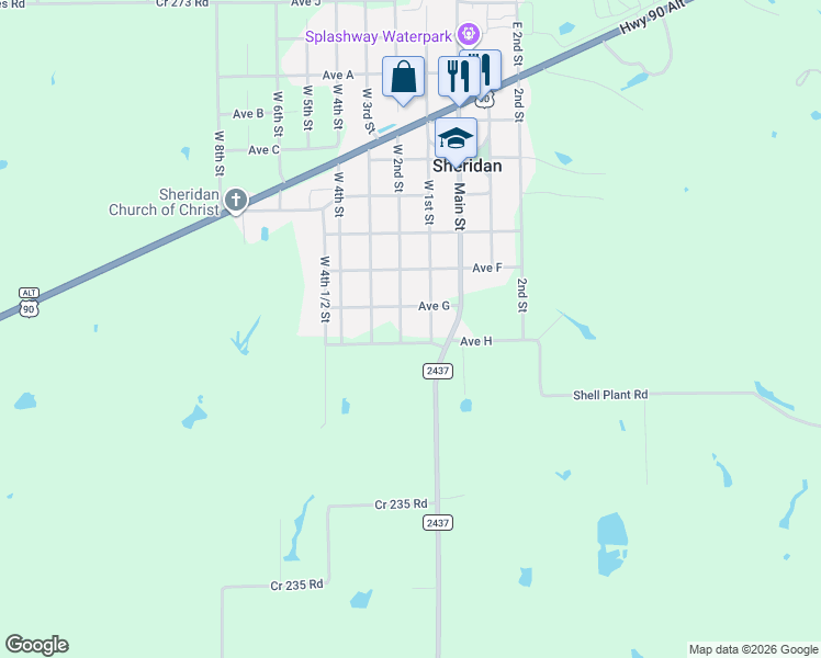 map of restaurants, bars, coffee shops, grocery stores, and more near 5903 West 2nd Street in Sheridan