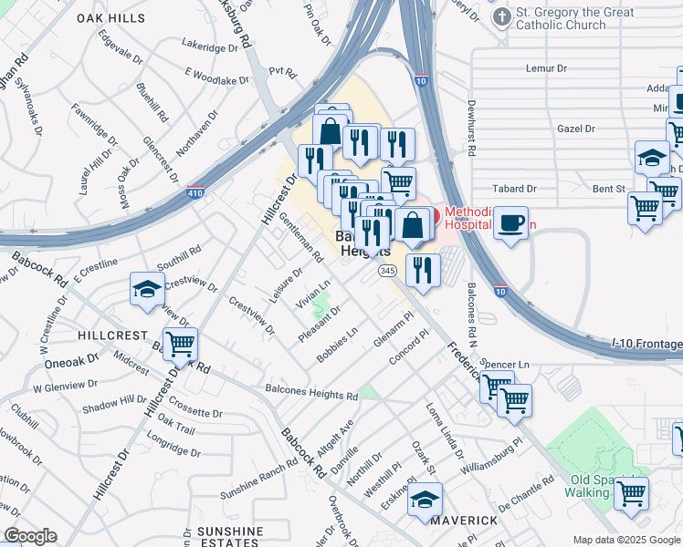 map of restaurants, bars, coffee shops, grocery stores, and more near 111 Siesta Lane in Balcones Heights