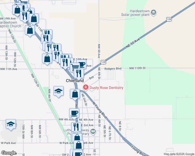 map of restaurants, bars, coffee shops, grocery stores, and more near 215 Rodgers Boulevard in Chiefland