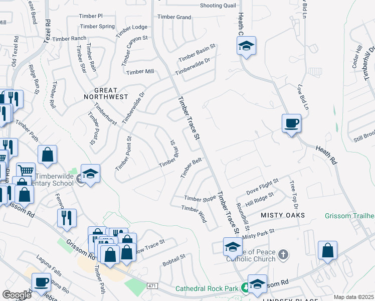 map of restaurants, bars, coffee shops, grocery stores, and more near 5019 Timber Breeze Street in San Antonio