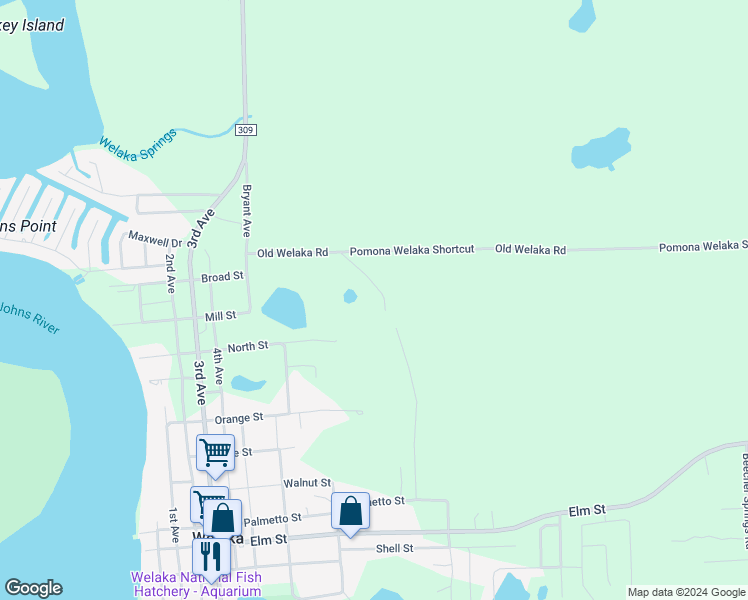 map of restaurants, bars, coffee shops, grocery stores, and more near 611 Old Welaka Road in Welaka