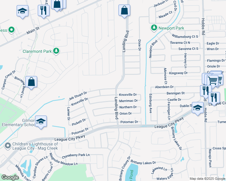map of restaurants, bars, coffee shops, grocery stores, and more near 2604 Jeb Stuart Drive in League City