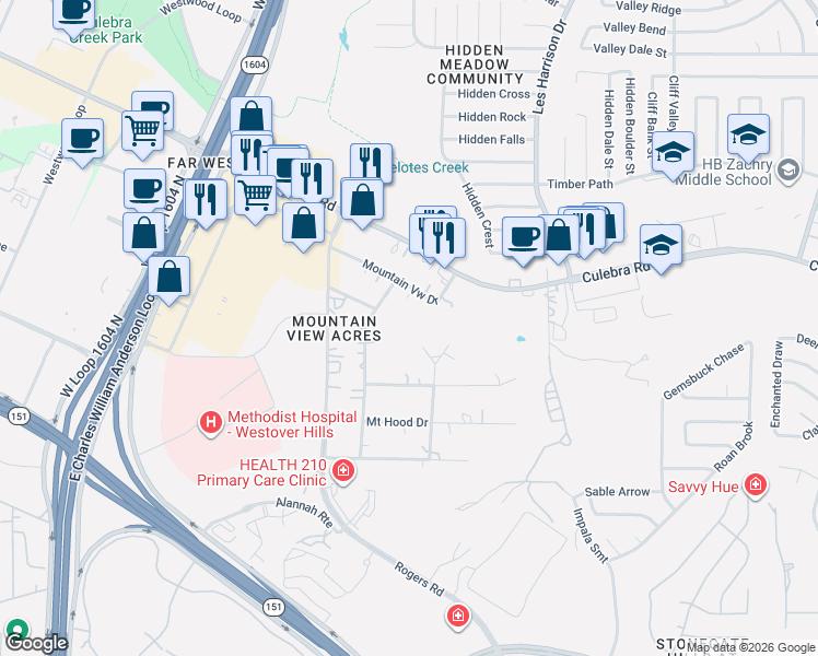 map of restaurants, bars, coffee shops, grocery stores, and more near 5567 Mount McKinley Drive in San Antonio