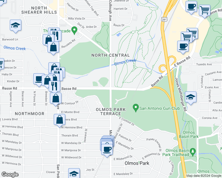 map of restaurants, bars, coffee shops, grocery stores, and more near 6498 McCullough Ave in San Antonio