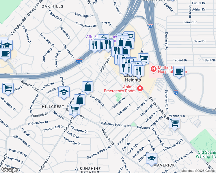 map of restaurants, bars, coffee shops, grocery stores, and more near 205 Leisure Drive in San Antonio