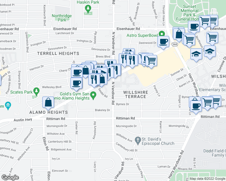map of restaurants, bars, coffee shops, grocery stores, and more near 6437 North Vandiver Road in San Antonio