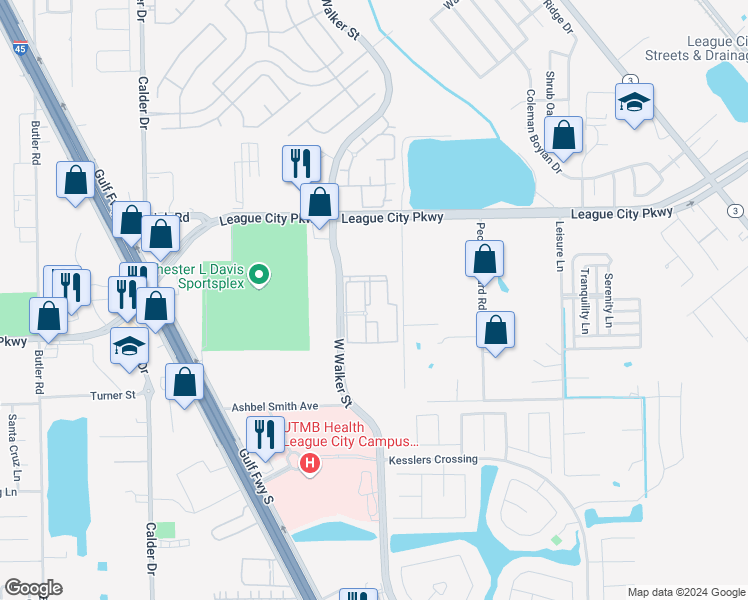 map of restaurants, bars, coffee shops, grocery stores, and more near 2101 East Nasa Parkway in Houston