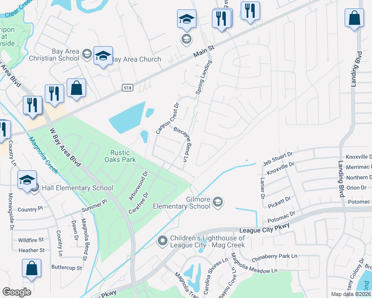 map of restaurants, bars, coffee shops, grocery stores, and more near 4501 Weathersfield Court in League City