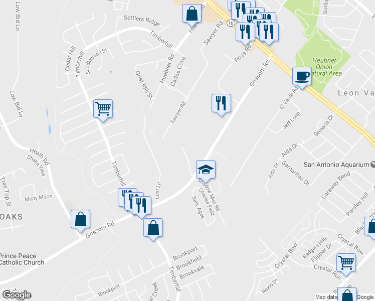 map of restaurants, bars, coffee shops, grocery stores, and more near 6005 Grissom Road in Leon Valley