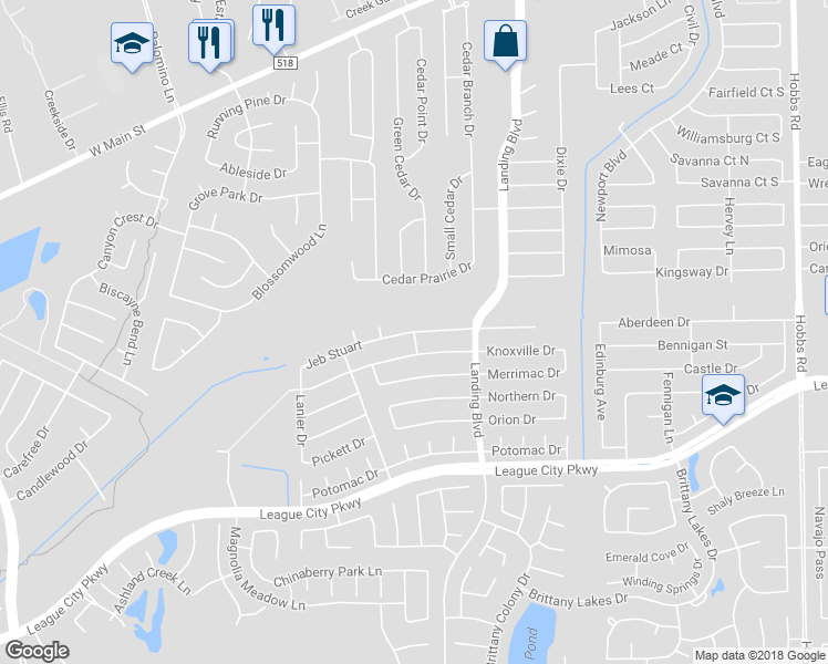 map of restaurants, bars, coffee shops, grocery stores, and more near 2700 Jeb Stuart in League City