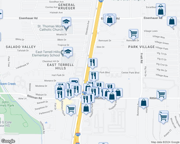 map of restaurants, bars, coffee shops, grocery stores, and more near 6398 NE Interstate 410 Loop Frontage Rd in San Antonio