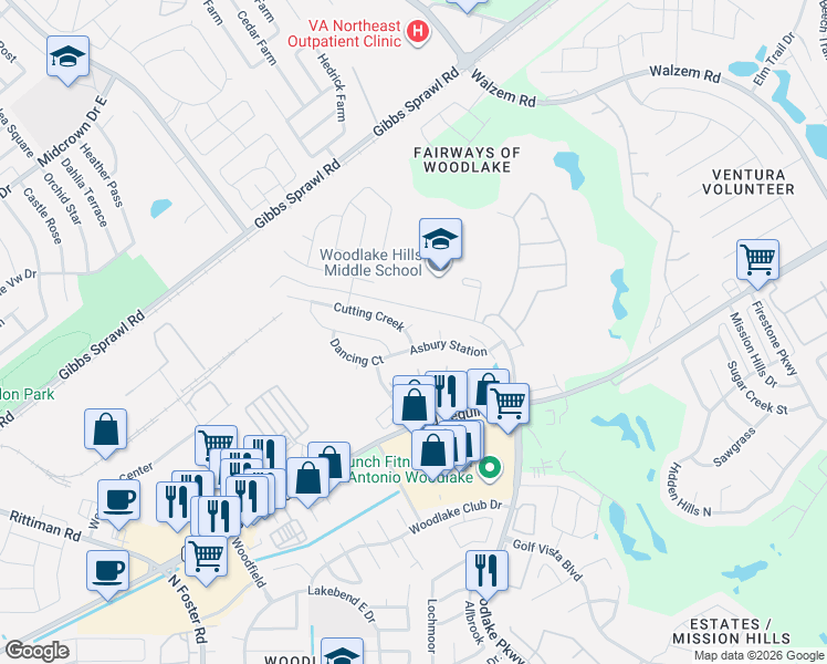 map of restaurants, bars, coffee shops, grocery stores, and more near 6946 Cutting Creek in San Antonio