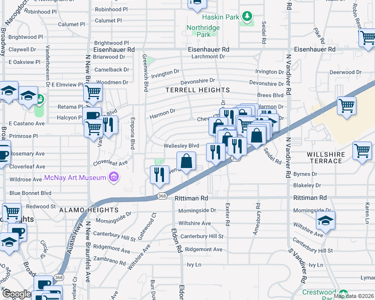 map of restaurants, bars, coffee shops, grocery stores, and more near 225 Wellesley Boulevard in San Antonio