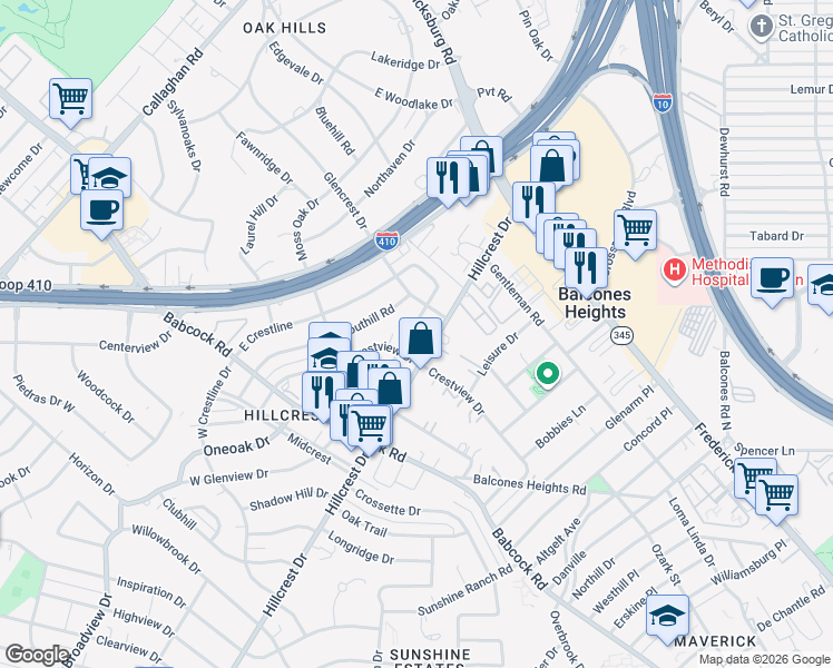 map of restaurants, bars, coffee shops, grocery stores, and more near 318 East Glenview Drive in San Antonio