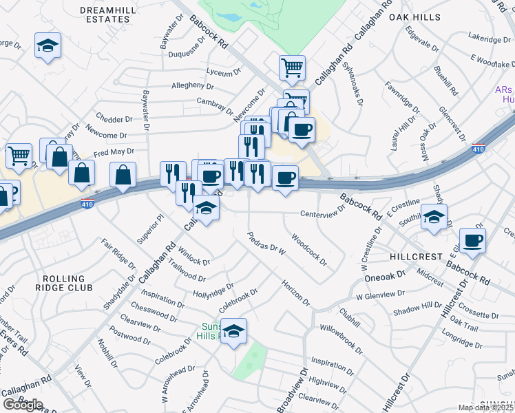 map of restaurants, bars, coffee shops, grocery stores, and more near 4545 Centerview Drive in San Antonio