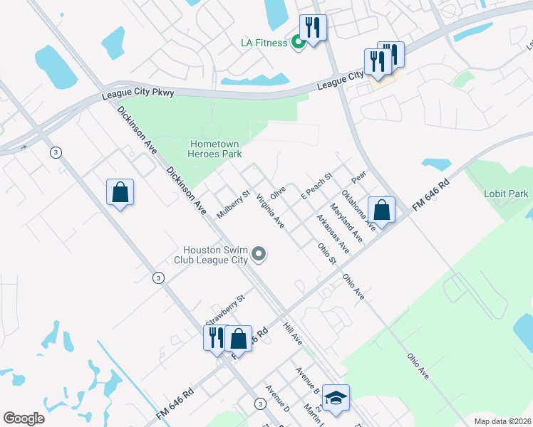 map of restaurants, bars, coffee shops, grocery stores, and more near 2606 Virginia Avenue in League City