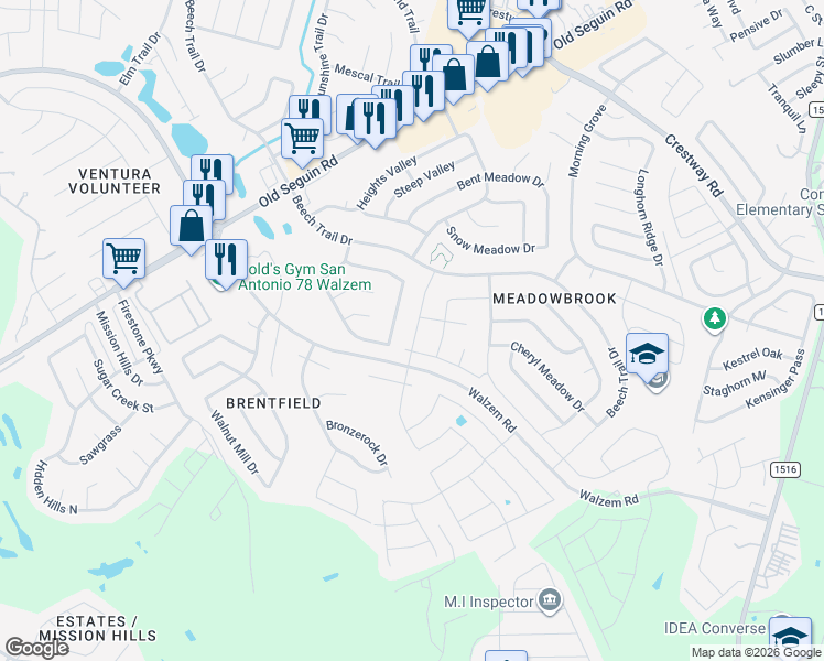 map of restaurants, bars, coffee shops, grocery stores, and more near 6317 Kendall Cove in Converse