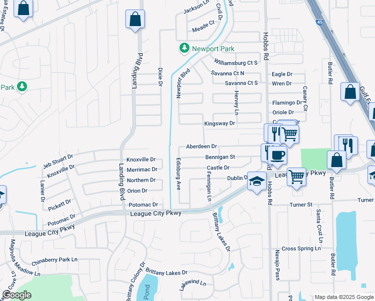 map of restaurants, bars, coffee shops, grocery stores, and more near 2215 Aberdeen Drive in League City
