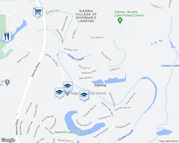 map of restaurants, bars, coffee shops, grocery stores, and more near 10439 Antelope Alley in Missouri City