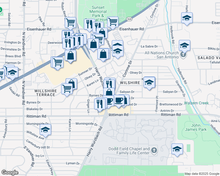map of restaurants, bars, coffee shops, grocery stores, and more near 2530 Harry Wurzbach in San Antonio