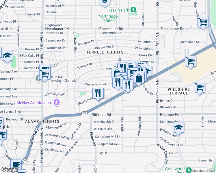 map of restaurants, bars, coffee shops, grocery stores, and more near 258 Wellesley Blvd in San Antonio