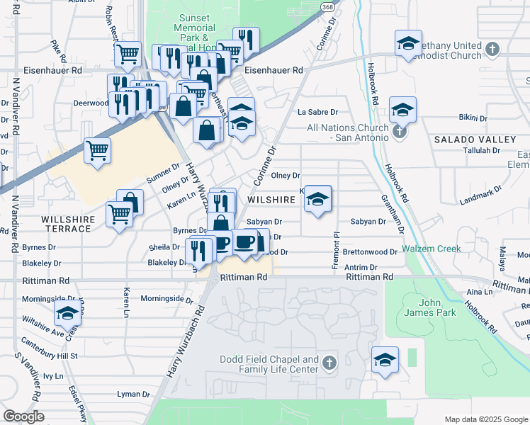 map of restaurants, bars, coffee shops, grocery stores, and more near 322 Timberlane Drive in San Antonio