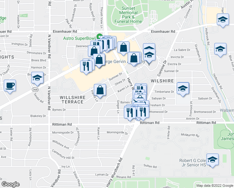 map of restaurants, bars, coffee shops, grocery stores, and more near 402 Karen Lane in San Antonio