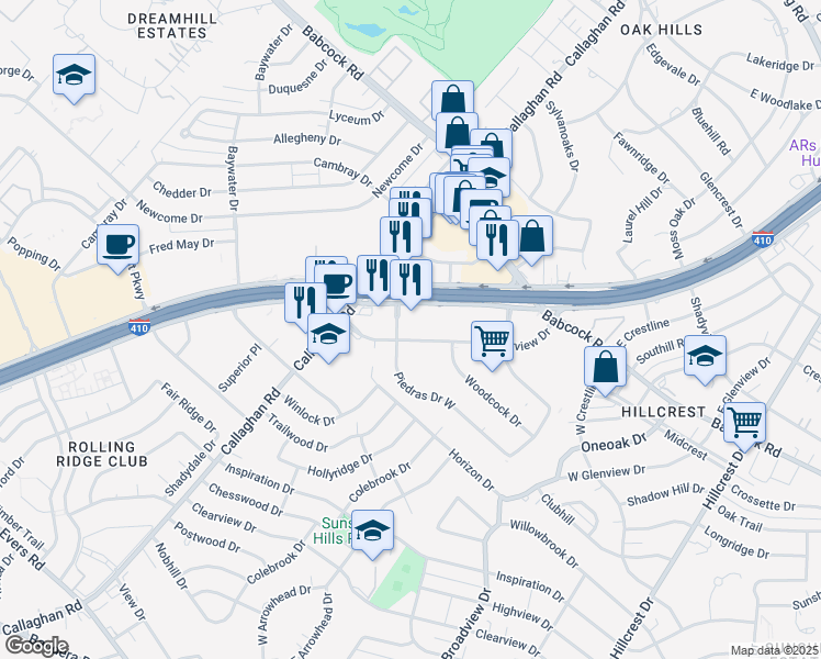 map of restaurants, bars, coffee shops, grocery stores, and more near 4545 Centerview Drive in San Antonio
