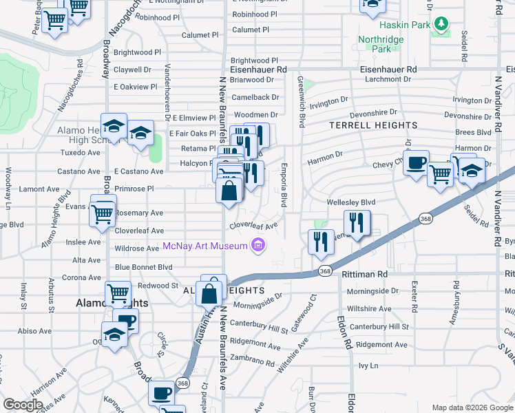 map of restaurants, bars, coffee shops, grocery stores, and more near 116 Vanderheck Street in San Antonio