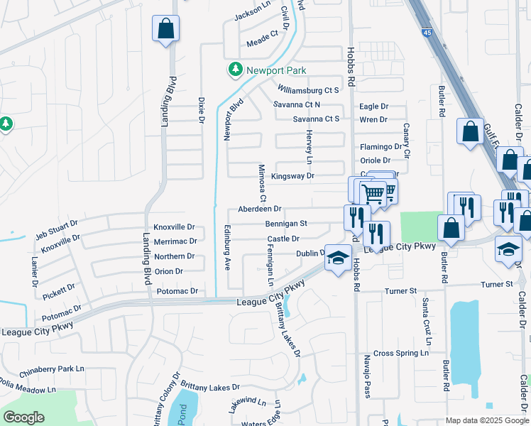 map of restaurants, bars, coffee shops, grocery stores, and more near 2129 Aberdeen Drive in League City