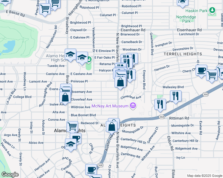 map of restaurants, bars, coffee shops, grocery stores, and more near 333 Rosemary Avenue in San Antonio