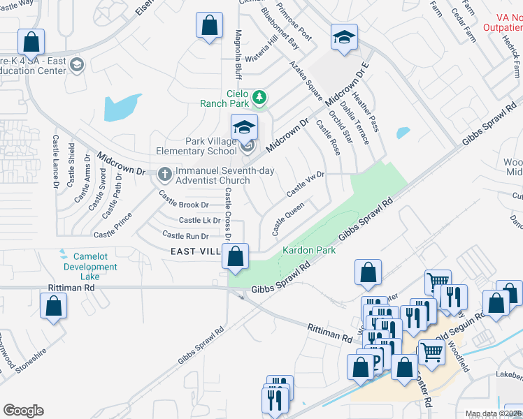 map of restaurants, bars, coffee shops, grocery stores, and more near 4810 Castle Bridge in San Antonio