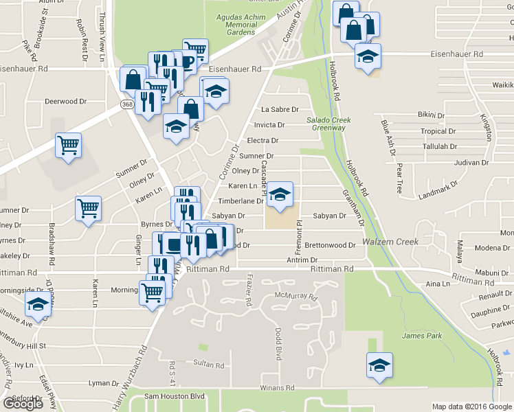 map of restaurants, bars, coffee shops, grocery stores, and more near 354 Timberlane Drive in San Antonio