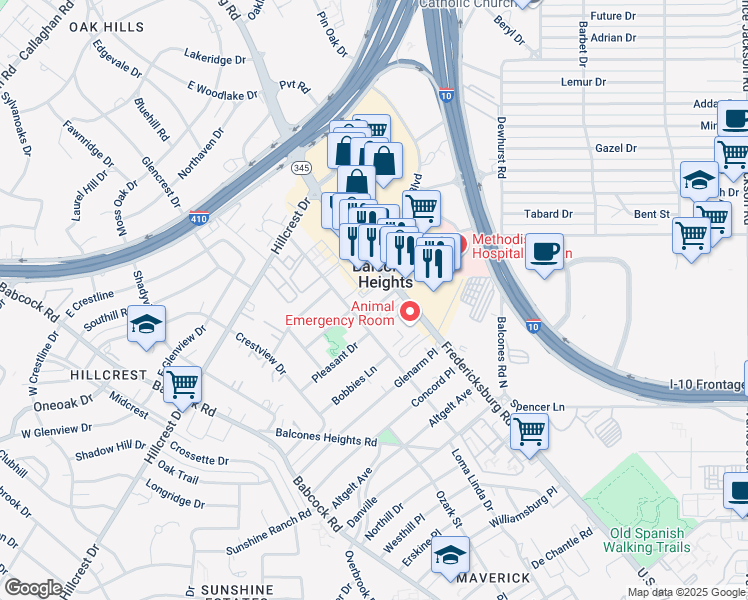 map of restaurants, bars, coffee shops, grocery stores, and more near 111 Siesta Lane in Balcones Heights