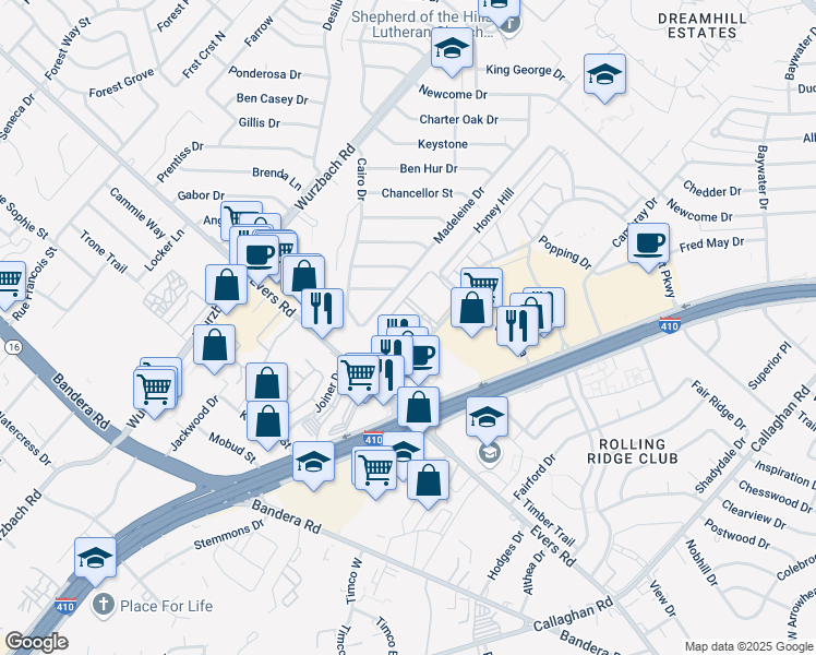 map of restaurants, bars, coffee shops, grocery stores, and more near 5335 Glen Ridge Drive in San Antonio
