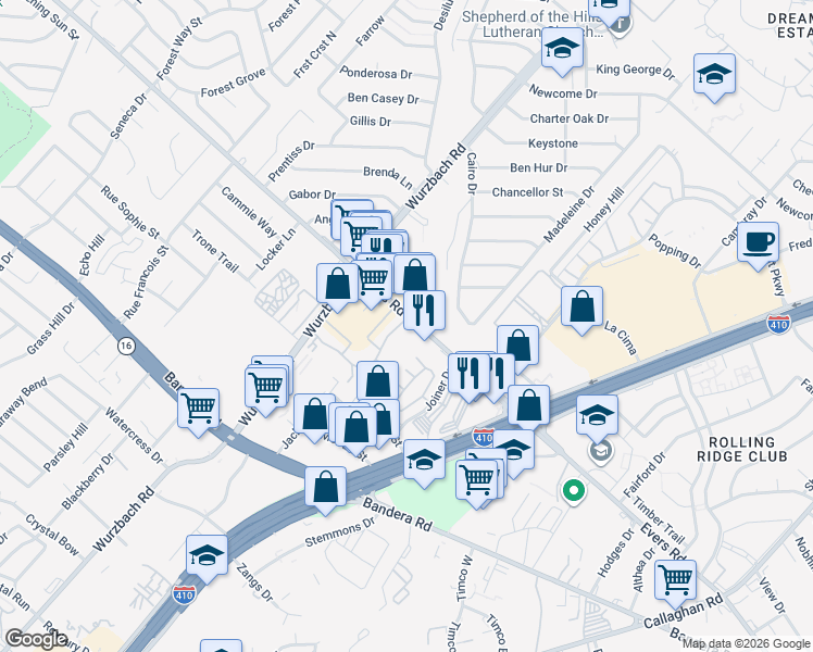 map of restaurants, bars, coffee shops, grocery stores, and more near 102 Evers Road in San Antonio