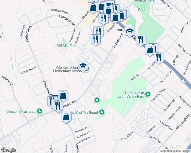 map of restaurants, bars, coffee shops, grocery stores, and more near 6004 Farm to Market Road 471 in Leon Valley
