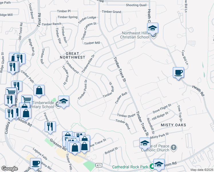 map of restaurants, bars, coffee shops, grocery stores, and more near 8531 Timber Briar Street in San Antonio