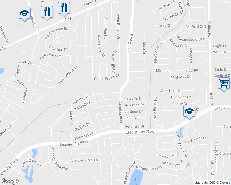 map of restaurants, bars, coffee shops, grocery stores, and more near 2614 Jeb Stuart in League City