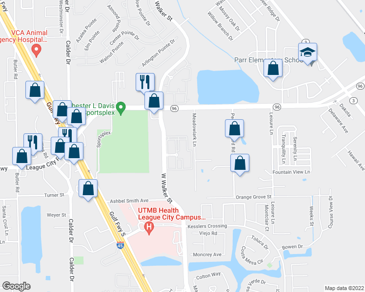 map of restaurants, bars, coffee shops, grocery stores, and more near 9600 Blue Mound Rd in League City