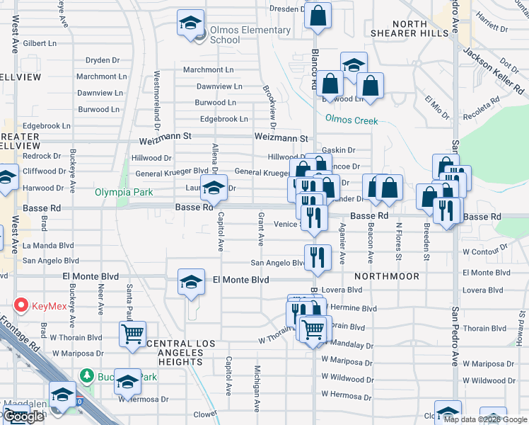 map of restaurants, bars, coffee shops, grocery stores, and more near 1638 Basse Road in San Antonio
