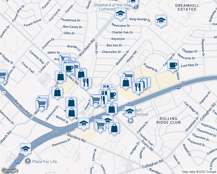 map of restaurants, bars, coffee shops, grocery stores, and more near 5335 Glen Ridge Drive in San Antonio