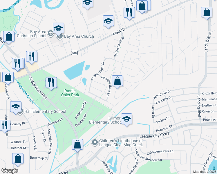 map of restaurants, bars, coffee shops, grocery stores, and more near 4501 Weathersfield Court in League City