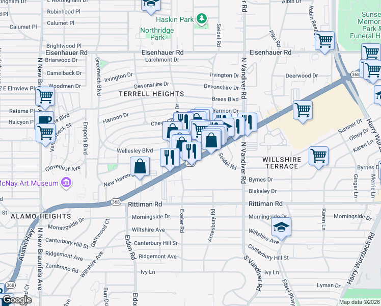 map of restaurants, bars, coffee shops, grocery stores, and more near 1221 Austin Highway in San Antonio