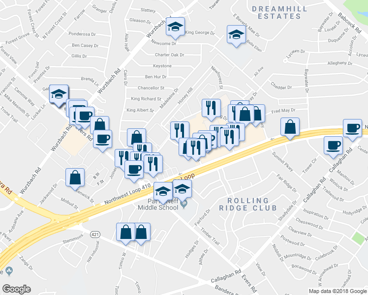 map of restaurants, bars, coffee shops, grocery stores, and more near 6059 La Cima in San Antonio