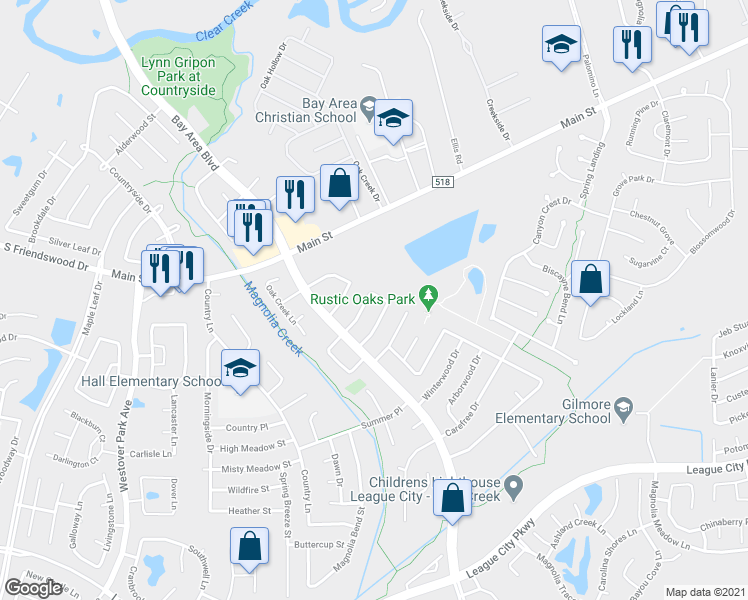 map of restaurants, bars, coffee shops, grocery stores, and more near 5103 Rainflower Circle North in League City