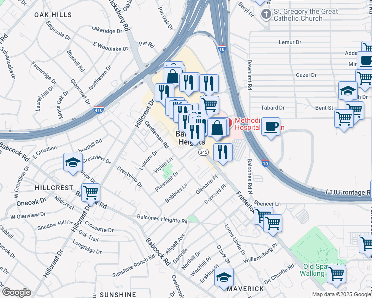 map of restaurants, bars, coffee shops, grocery stores, and more near 111 Siesta Lane in Balcones Heights