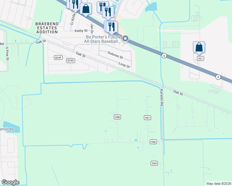 map of restaurants, bars, coffee shops, grocery stores, and more near 6610 Clara Lane in Rosharon
